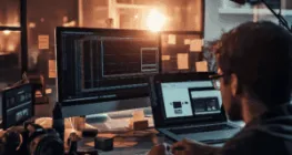 A person watching a video on a laptop, surrounded by dynamic icons representing the stages of the Buyer's Journey.